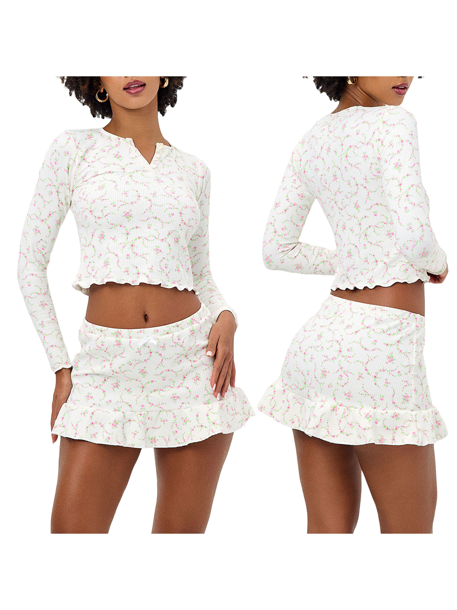 Women 2 Piece Shorts Sets Floral Print Fairy Grunge Shirt High Waist