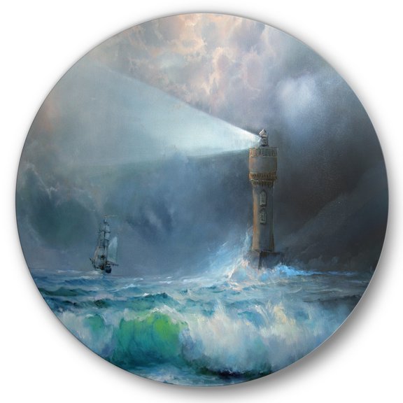 Designart 'Lighthouse Shining Light During Stormy Clouds Night II' Nautical & Coastal Circle Metal Wall Art 36x36 - Disc of 36