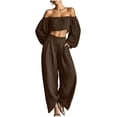 thumbnail image 3 of Women Two Piece Travel Outfit off Shoulder Puff Sleeve Cropped Tops Wide Leg Pants Set High Waist Pleated Trousers Vacation Casual Outfits Coffee Fall Solid Basic Tees Tracksuit XL, 3 of 6