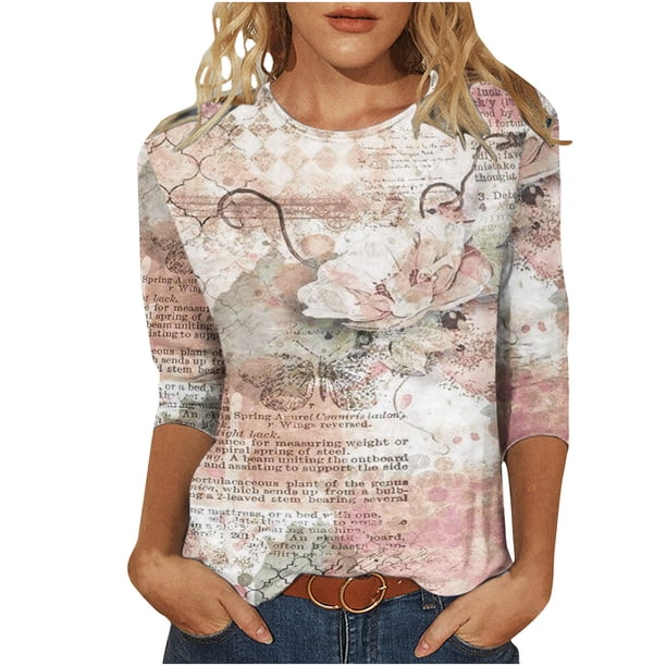 Camisas Para Mujer, Blusa de Manga 3/4 de Longitud Media, Camiseta Estampada A La Moda, Camisetas Casuales de Cuello Redondo Odeerbi ODB123664
