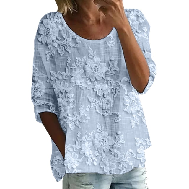 WZXFASHION T-shirt à Imprimé pour Femme, Manches Mi-Longues, Col Rond, T-shirt à Manches 3/4, T-shirt Ample Grande Taille, Liquidation à 50 % de Rabais, T-shirt à Manches Longues pour Femme