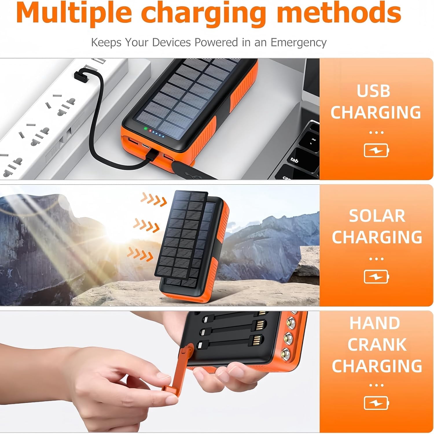 Solar Power Bank with Panel, 63200mAh Camping Power Bank, Hand Crank Charger Dual Outputs Inputs 4 LED Flashlight, Waterproof Outdoor Solar Charging Battery Pack for Hiking Emergency