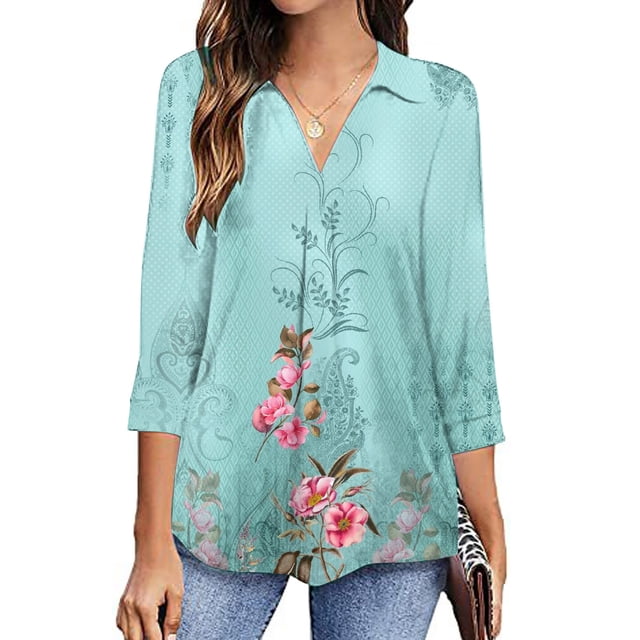 Hauts de Sortie Mode Femme Col en V Manches Trois Quarts 3/4 T-Shirt Imprimé Blouse Hauts Chandail en Molleton Hauts Manches 3/4 pour Femmes en Liquidation