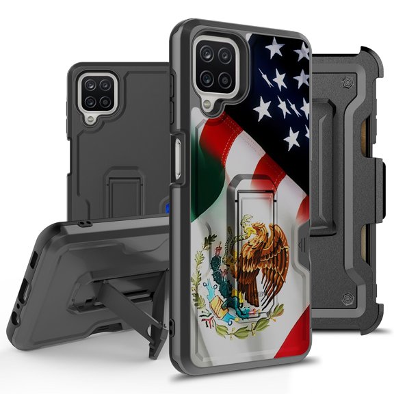ANJ Rugged Hybrid Shockproof Case w/Kickstand Holster Clip Card Slot Cover for Samsung Galaxy A12 (2021 Release) - Mexican/US Flag