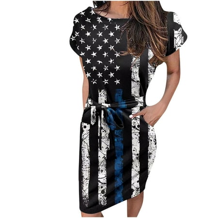 

Hvyesh 4th of July Dresses Women Summer Plus Size Midi Dress Loose Fit Print Crew Neck Sundresses Comfortable Short Sleeve Flowy Dresses 2023 Black