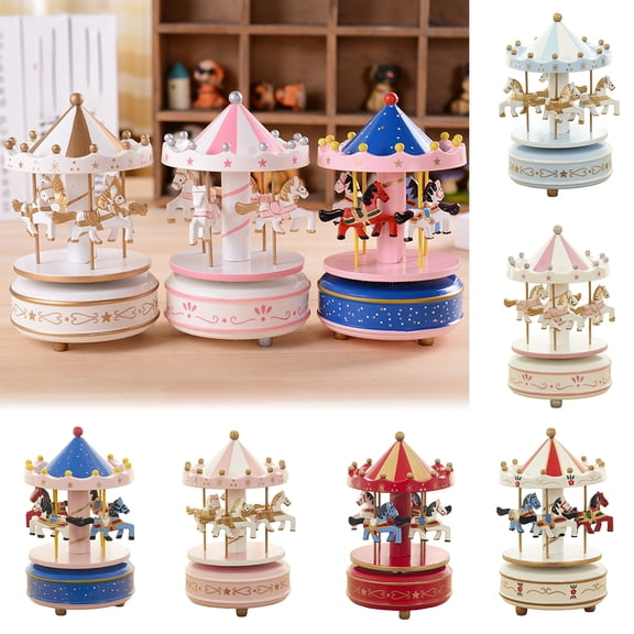 Wooden Carousel Music Box with Rotating Merry-Go-Round Horses, Wind-Up Musical Figurine for Home Decor, Birthday Christmas Gift, Nursery Room Decoration, Bedroom Accent