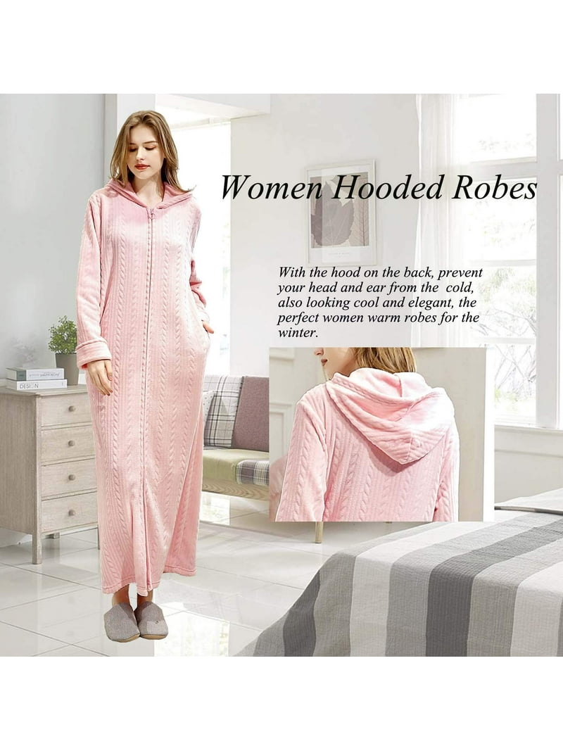 LOFIR Women's Zip-Up Long Fleece Robe, Hooded Plush Bathrobe