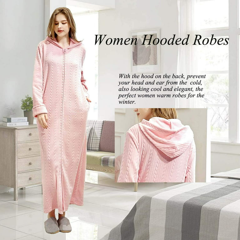 LOFIR Womens Zipper Front Robe, Long Plush Hooded Fleece Soft Bathrobes for  Women Housecoat Sleepwear Pajamas (S/M, Pink)