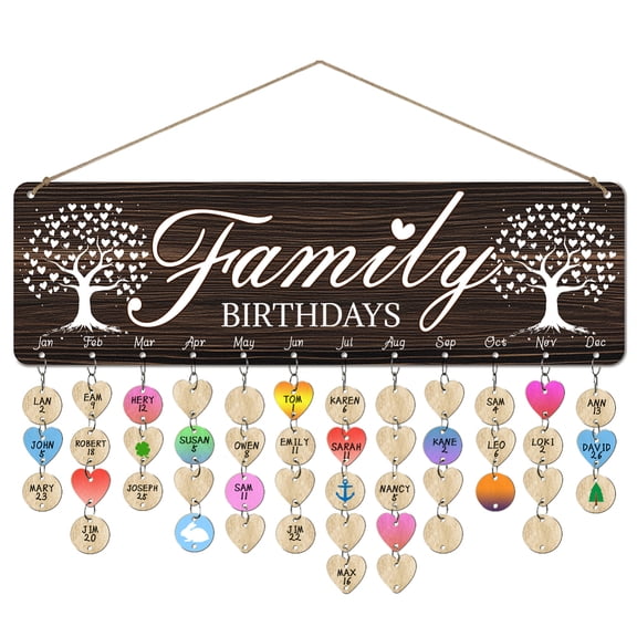 1 Set Wooden Family Birthday Reminder Calendar Plaque Tree Celebrations Calendar Wall Hanging with 100 Tags DIY