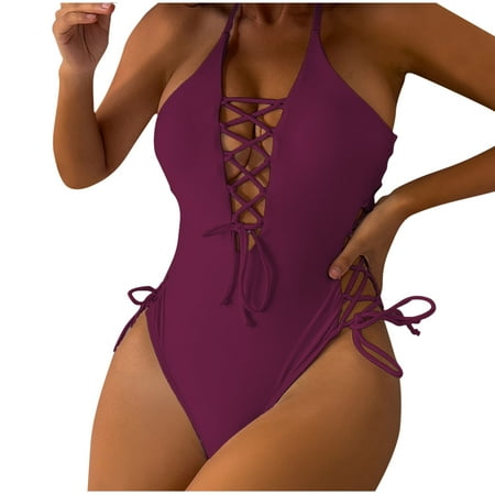 Xfvqtps Womens One Piece Swimsuit Halter High Cut Waist with Drawstring Deep V Neck Chest Lace up Cross Straps Tummy Control Backless Beach Summer Monokini Thong Bathing Suit Watermelon Red