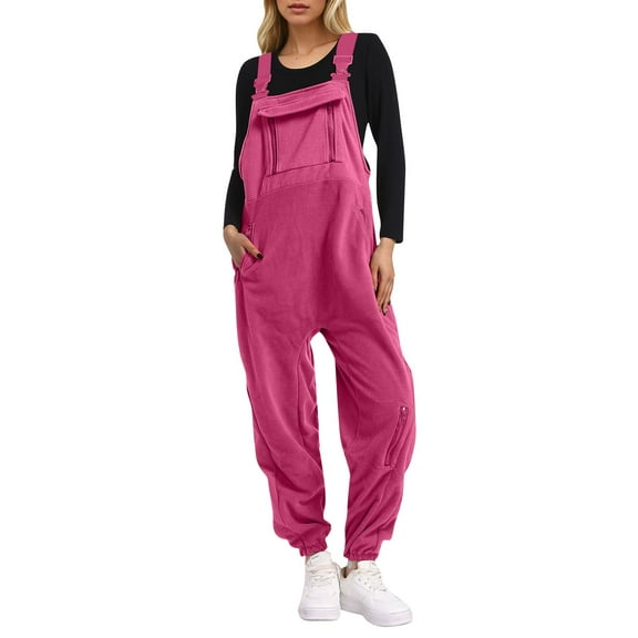 CAIXIA Fleece Overalls Women 2034 Warm Winter Casual Loose Jumpsuits Sherpa Bib Overalls Fuzzy Ski Pants with Pockets,Hot Pink