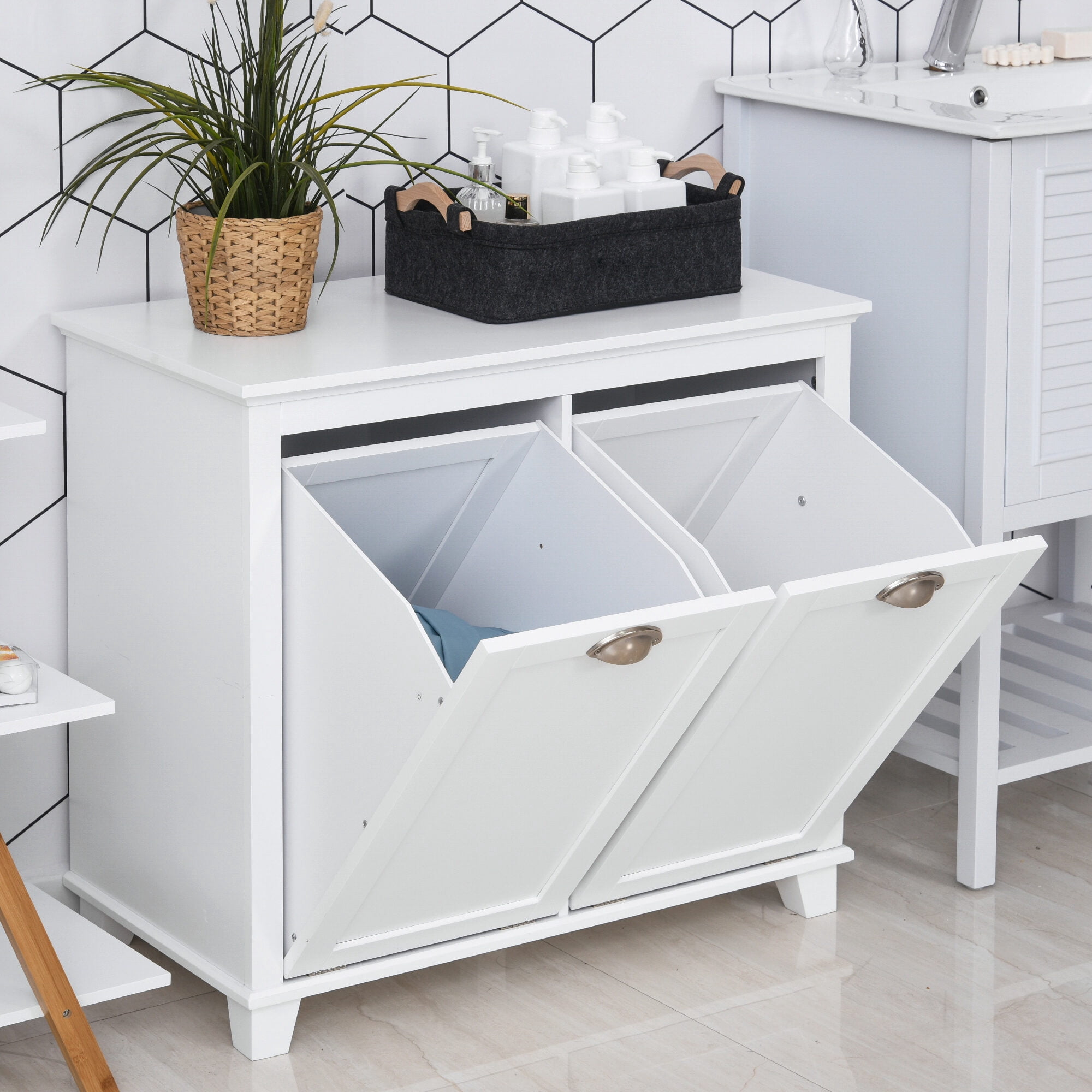 30" White Laundry Sorter Cabinet - Tilt-Out Hamper with 2 Storage Bins for Bathroom