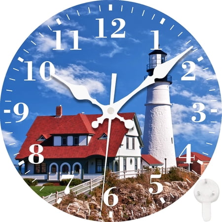 Wall Clocks Battery Operated, Beautiful White Lighthouse Silent Non Ticking Decorative Indoor Outdoor Wall Clocks for Living Room Kitchen Bedroom Bathroom 12