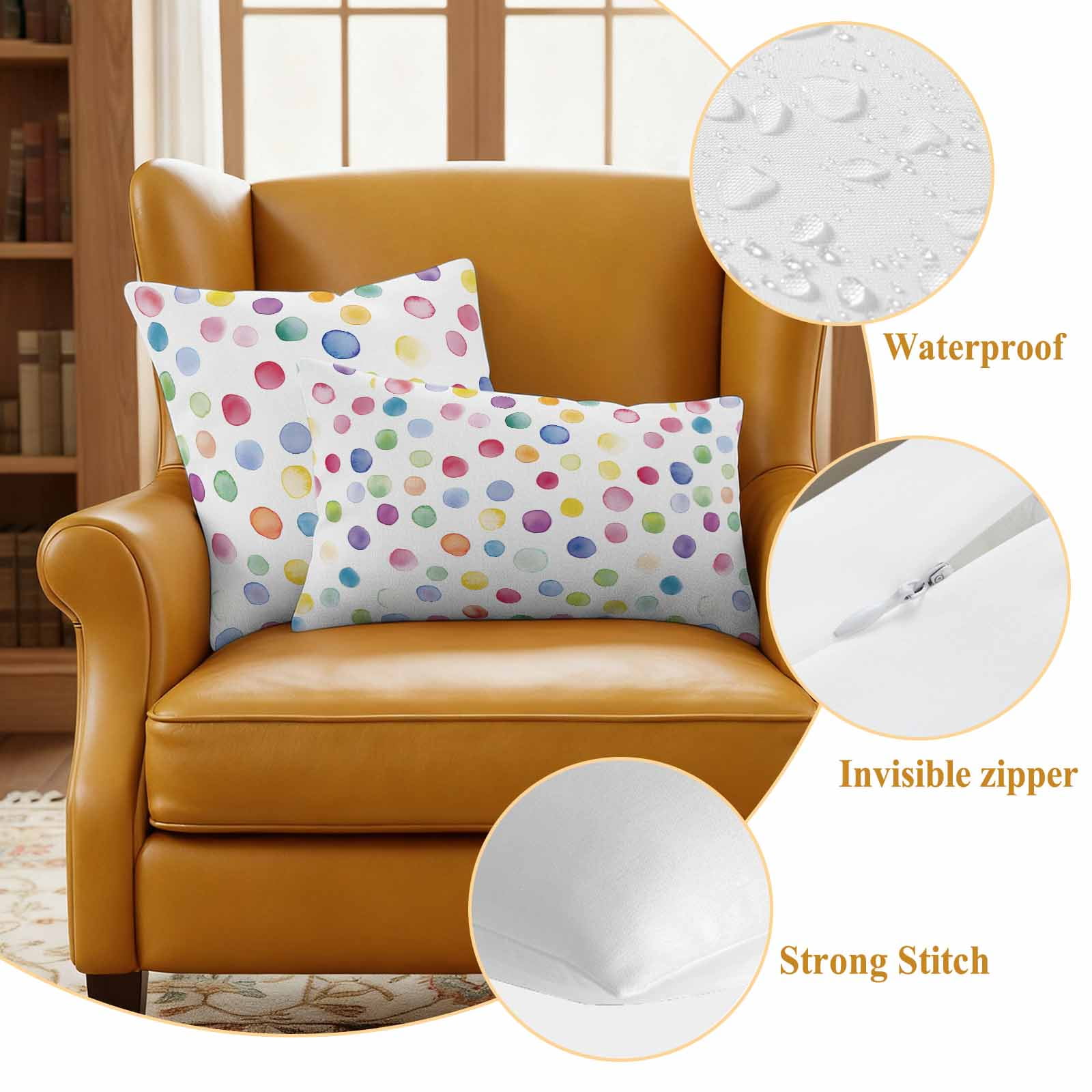Colorful Polka Dot Outdoor Waterproof Pillow Covers, Rainbow Polka Dot Watercolor Decorative Square Throw Pillowcase Sofa Cushion Sham for Patio/Couch/Chair, 18"x18" 2 Pack