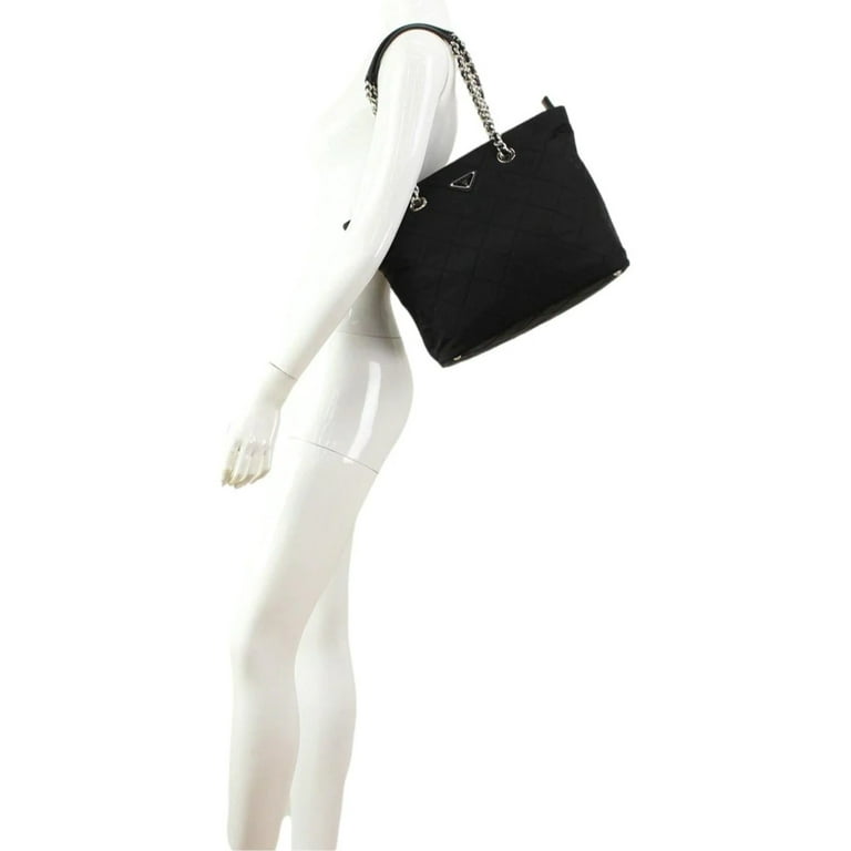 Prada Quilted Tessuto Nylon Chain Black Tote Shoulder Bag 1BG017 