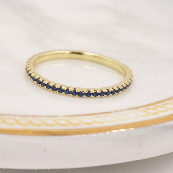 Sapphire Blue CZ Skinny Crystal Band Ring in Sterling Silver, Gold Vermeil Crystal Pave Ring, Stacking Rings,
