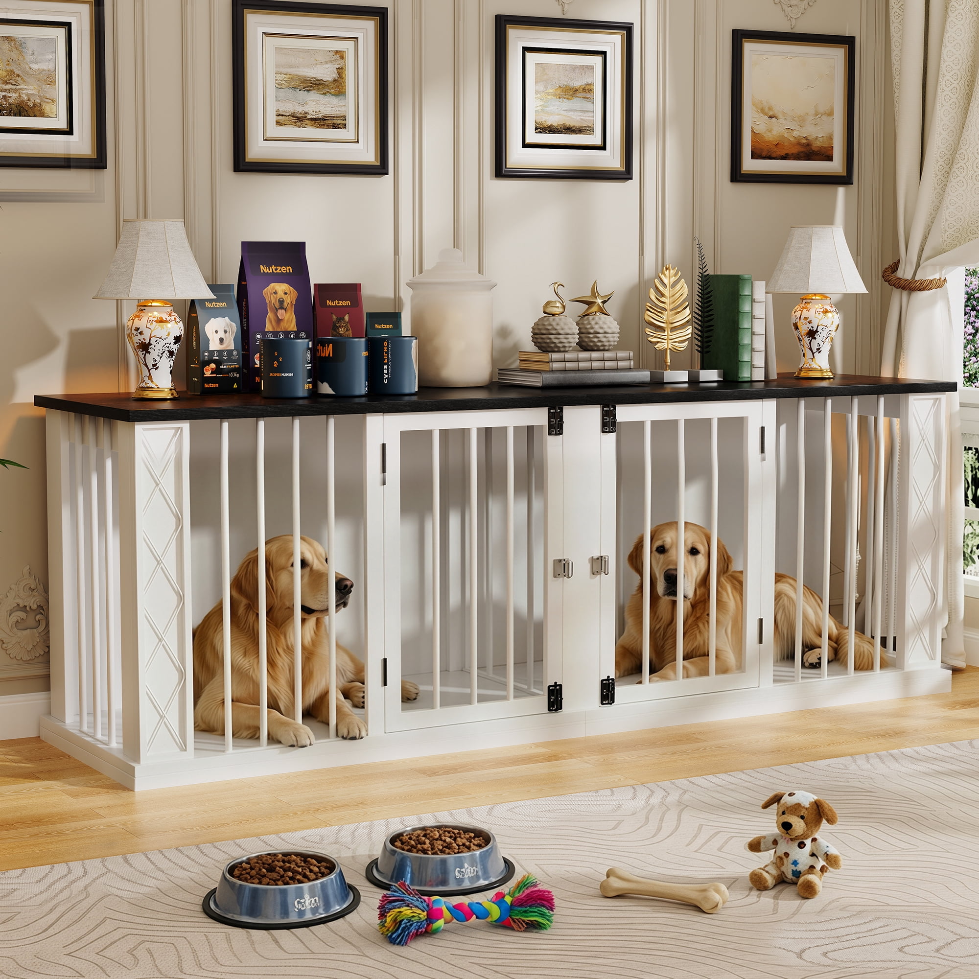 ModFurne 86.6" Dog Crate Furniture for Double Dogs, Heavy Duty Dog Cage Indoor for Small/Medium/Large Dogs, Dog Kennel Furniture White