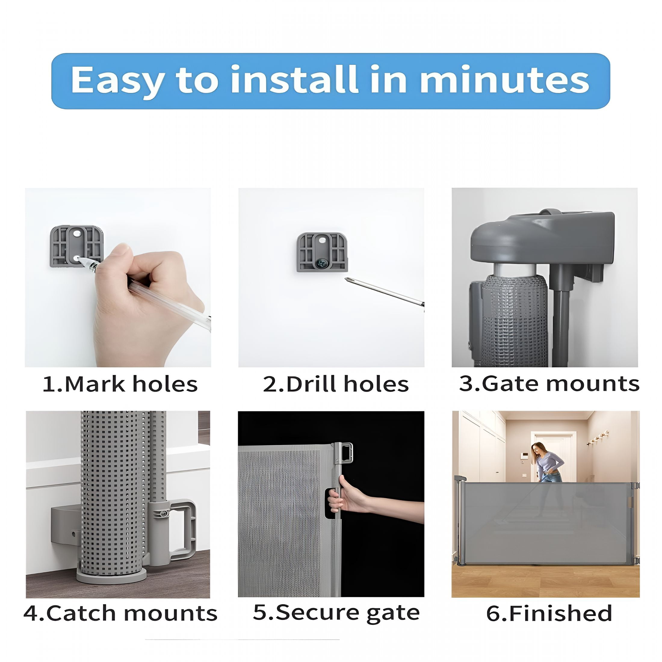 XIBUFE Retractable Baby Gate for Doorways and Stairs, Mesh Safety Gate for Pet, Indoor & Outdoor Use, One-Hand Operation, Easy Installation, 33.6" Tall, Expands to 55" Wide（Grey, 33.6"x55")