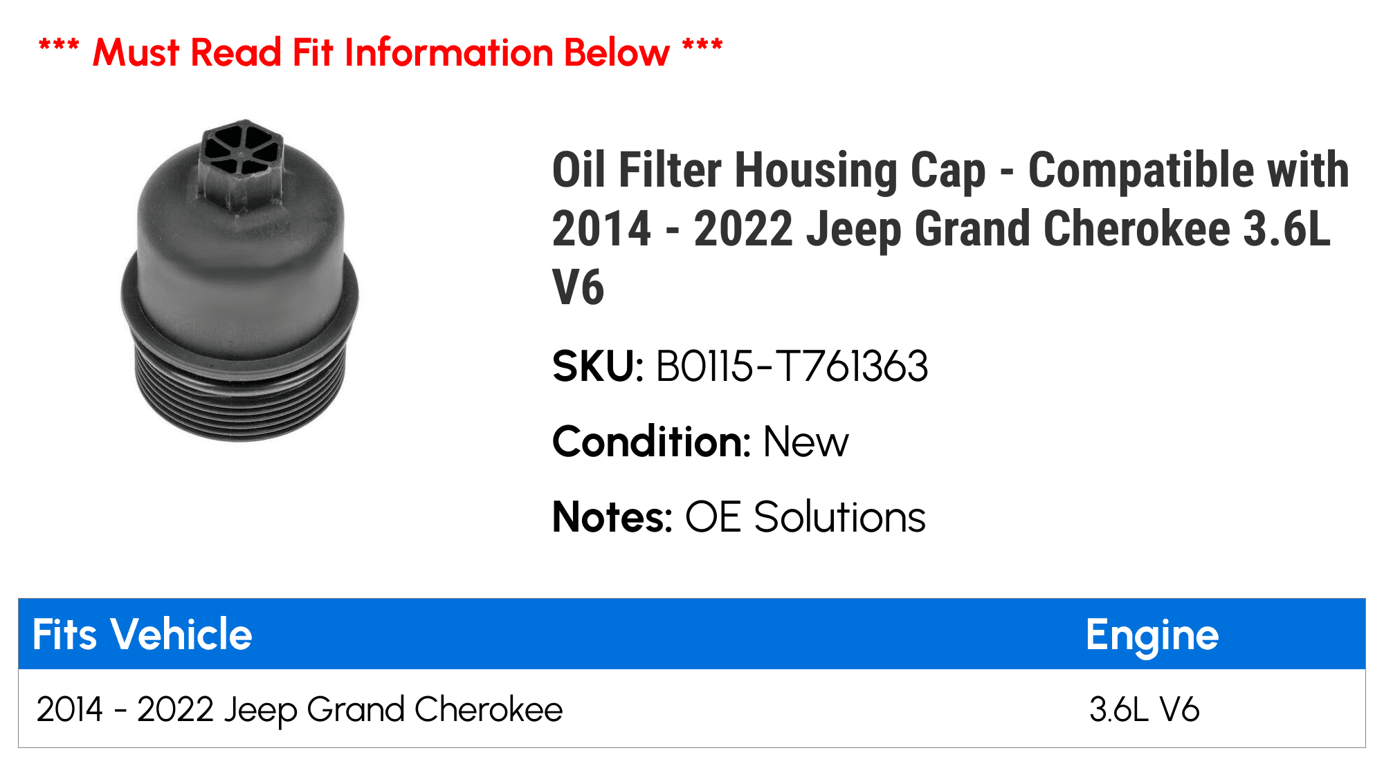 Oil Filter Housing Cap - Compatible with 2014 - 2022 Jeep Grand Cherokee 3.6L V6 2015 2016 2017 2018 2019 2020 2021