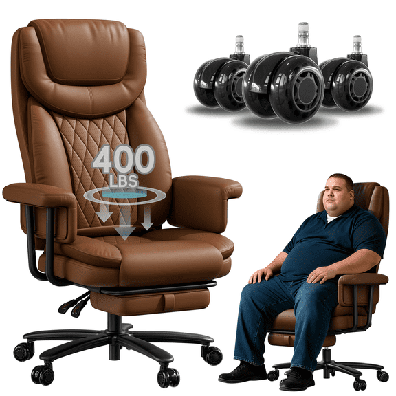 iooHug Big and Tall PU Leather Office Chair with Footrest, High Back Executive Computer Desk Chair, 165° Reclining Boss Chair with Silicone Wheels, Heavy Duty 400 lbs, Black