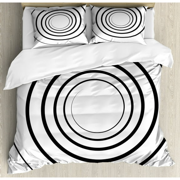 Spires Decor Queen Size Duvet Cover Set, Abstract Monochrome Spiral Whorl Element Dimensional Aesthetic Curve Concept, Decorative 3 Piece Bedding Set with 2 Pillow Shams, Black White, by Ambesonne