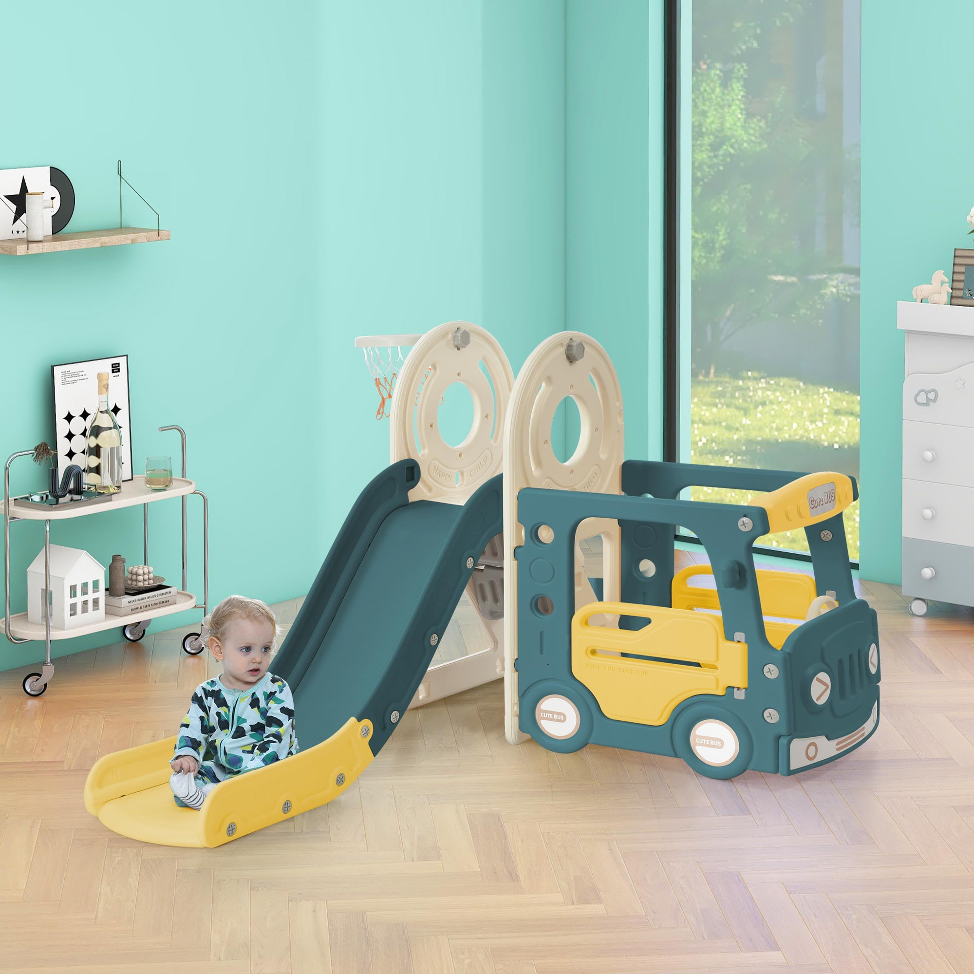 Walkfairy Kids Slide with Bus Play Structure, Freestanding Bus Toy with