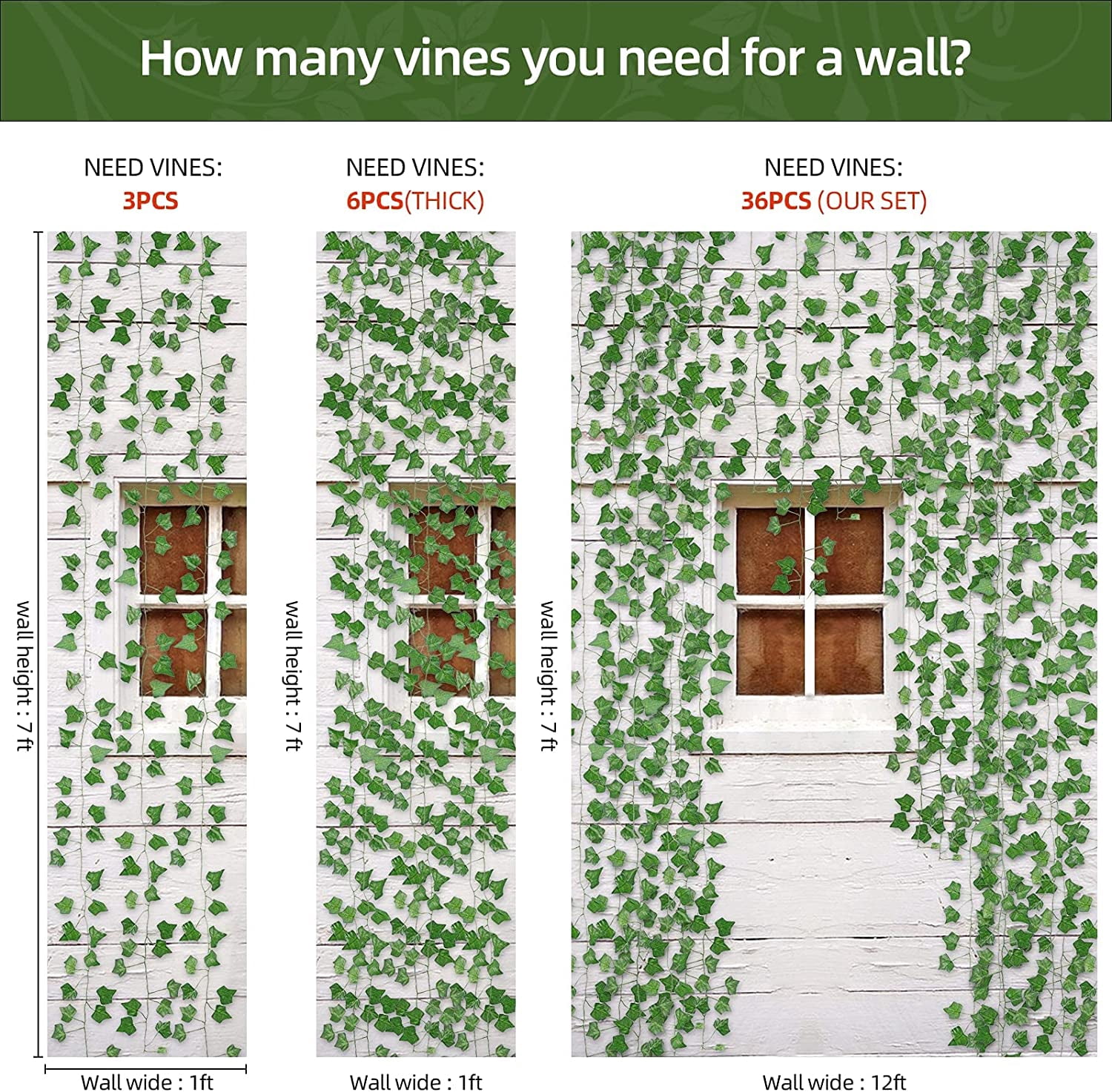 Morttic 36 Strands 248FT Fake Ivy Garlands Leaves Artificial Vines Faux Green Hanging Plants for Bedroom Wall House Decor Outdoor Wedding Photography Backdrops, Non-discoloring