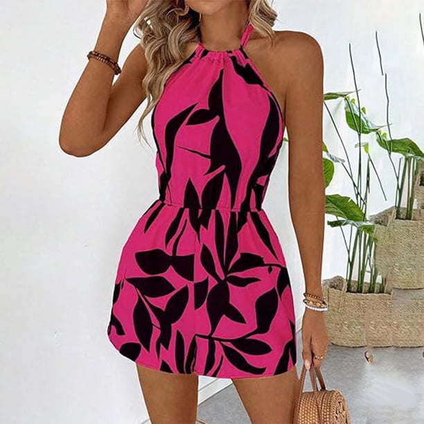 Karight Women's Romper Printed Halter Sleeveless Backless Lightweight Summer Short Jumpsuit