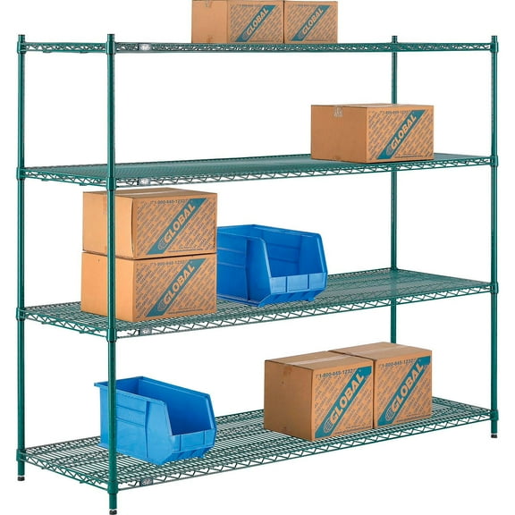Nexel 4 Shelf Poly-Green Wire Shelving Unit Starter 72""W x 24""D x 54""H