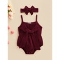 thumbnail image 2 of Liacowi Baby Summer Romper Outfit for Girls 2022 Summer Solid Color Sleeveless Spaghetti Strap Bowknot Jumpsuit + Headband, 0-24 Months, 2 of 9