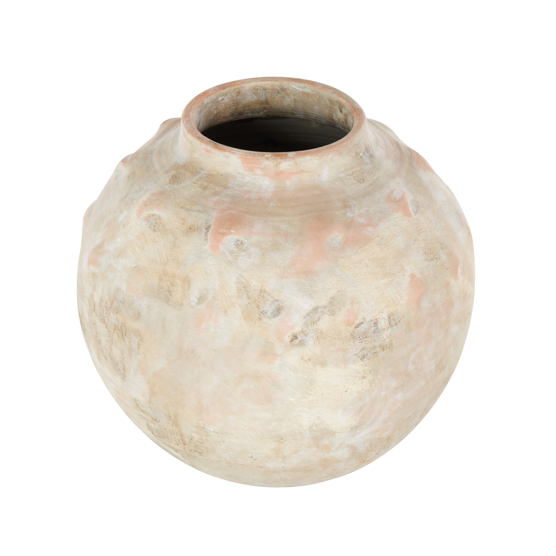 DecMode 11" Antique Short Wide Beige Ceramic Vase with Shades of Pink