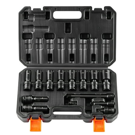 KFFKFF 360° Swivel Impact Socket Set, 3/8" Drive, 14-Piece Metric Deep Sockets (10-19mm), 6-Point Cr-Mo Steel for Automotive Repairs, Clear Size Markings, Durable Design, Includes Storage Case