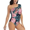 thumbnail image 3 of Pofeuu Rose Flowers Print Women's One Piece Swimsuits One Shoulder Swimwear Asymmetric Ruffle Monokinis Bathing Suits-Small, 3 of 6