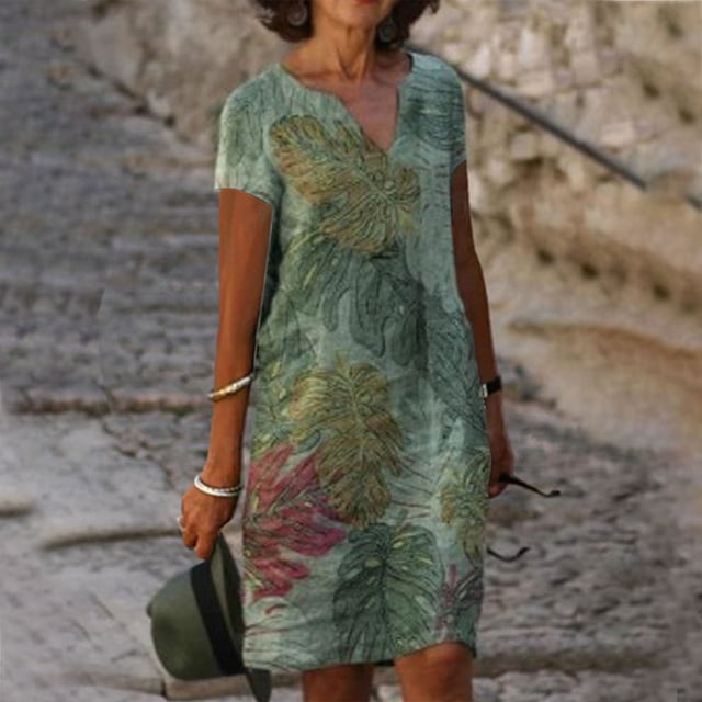 Qiopertar Mode Femmes Été Décontracté Manches Courtes Col en V Robe Imprimée Florale Grandes Économies de Vacances! Moins de 5$ jusqu'à 90 % de Réduction