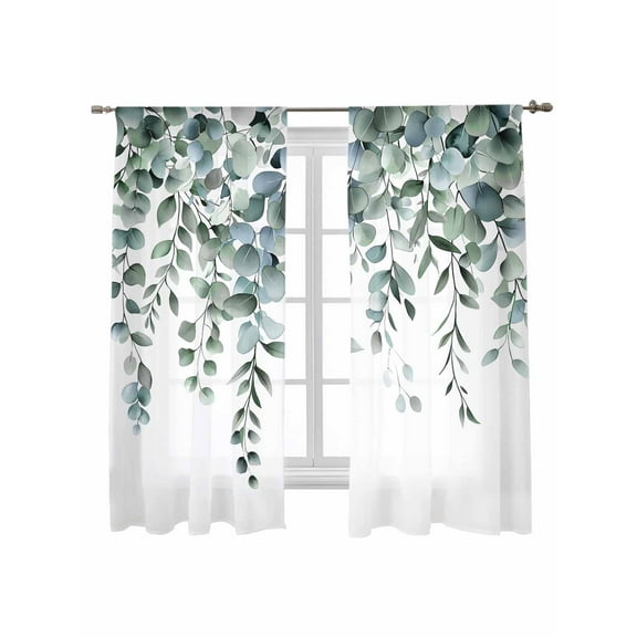 Sage Green Leaves Sheer Curtains 72 Inch Long 2 Panels, Eucalyptus Leaf Watercolor Plant Light Filtering Rod Pocket Semi Sheer Curtains, Sheer Voile Drapes for Living Room Bedroom, 52"x72"