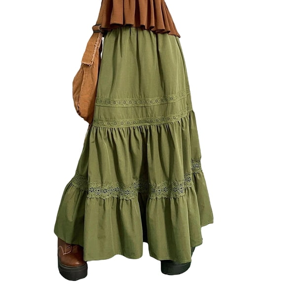 Blotona 90s Vintage Green Pleated Skirts Korean Fashion Holiday Boho High Waist Long Skirts Retro Fairycore Cute Lace Trim Clothes
