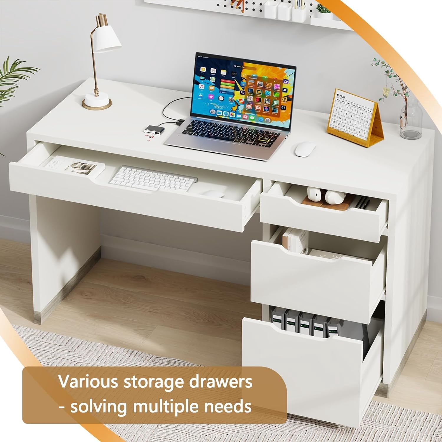 DreamCurship 52 inch White Desk with 4 Storage Drawers, Home Office Desk for Small Spaces, Computer Desk with File Cabinet, White