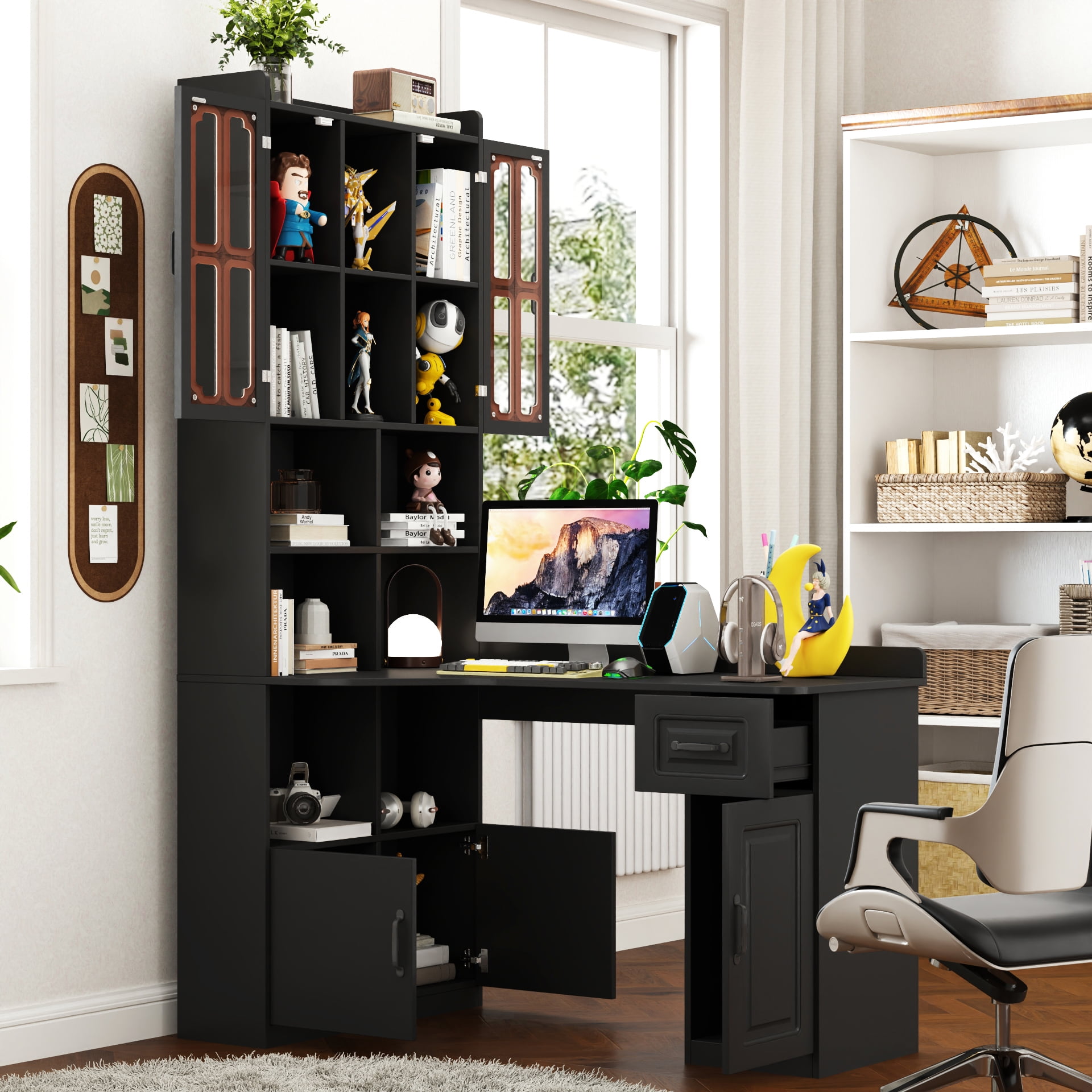 Euroco L-Shaped Corner Computer Desk for Home Office or Study desk, Study Modern Style Table with Drawers, Bookshelf & Hutch, 2-in-1 L-Shaped Design, Large Working Space,black