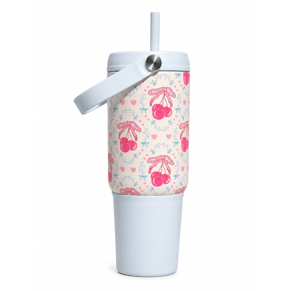 Hydraflow Insulated 30 Oz Cherry With Bows & Hearts Stainless Steel Tumbler With Handle And Handle