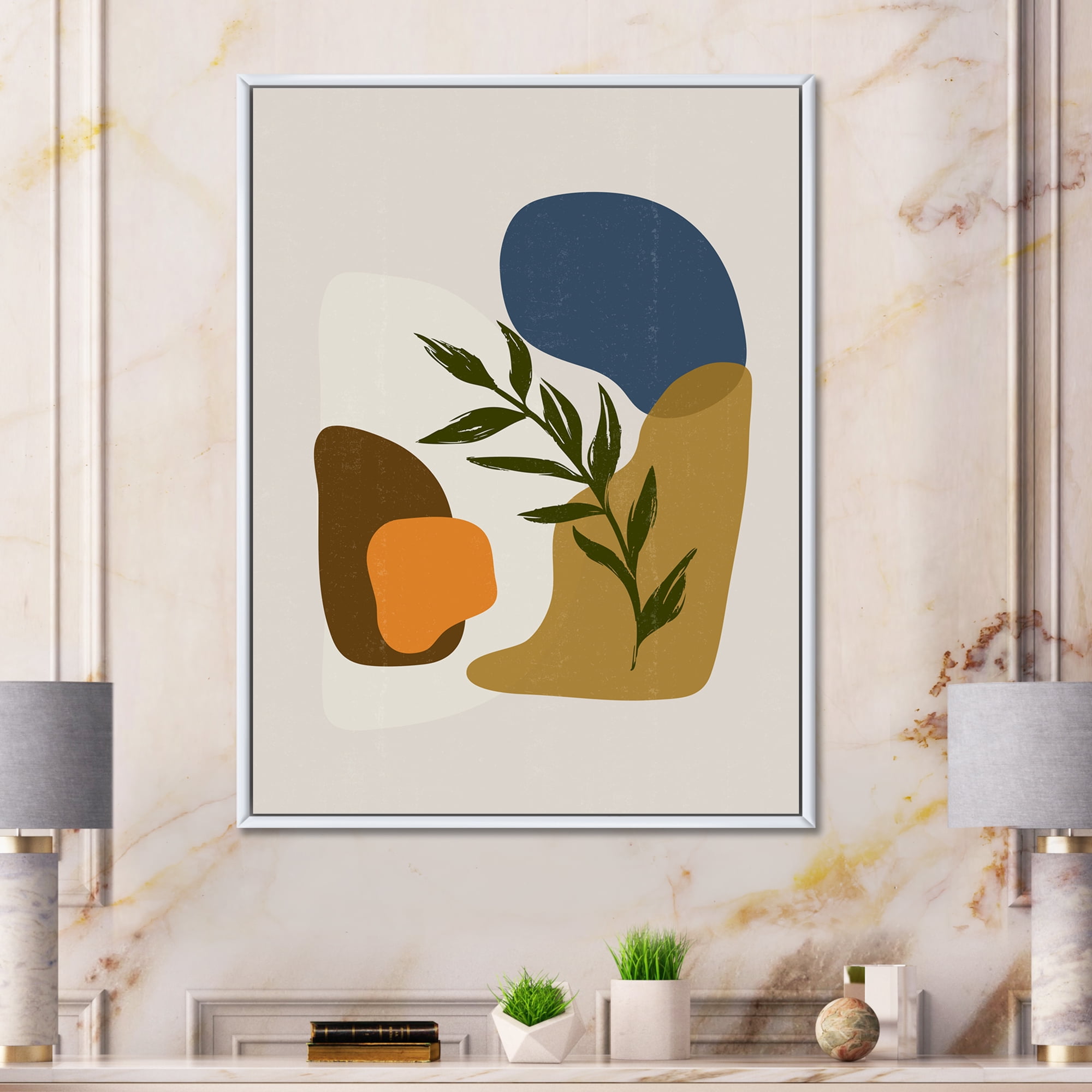 Designart 'Green Leaf With Botanical Minimalist Shapes' Modern Framed Canvas Wall Art Print