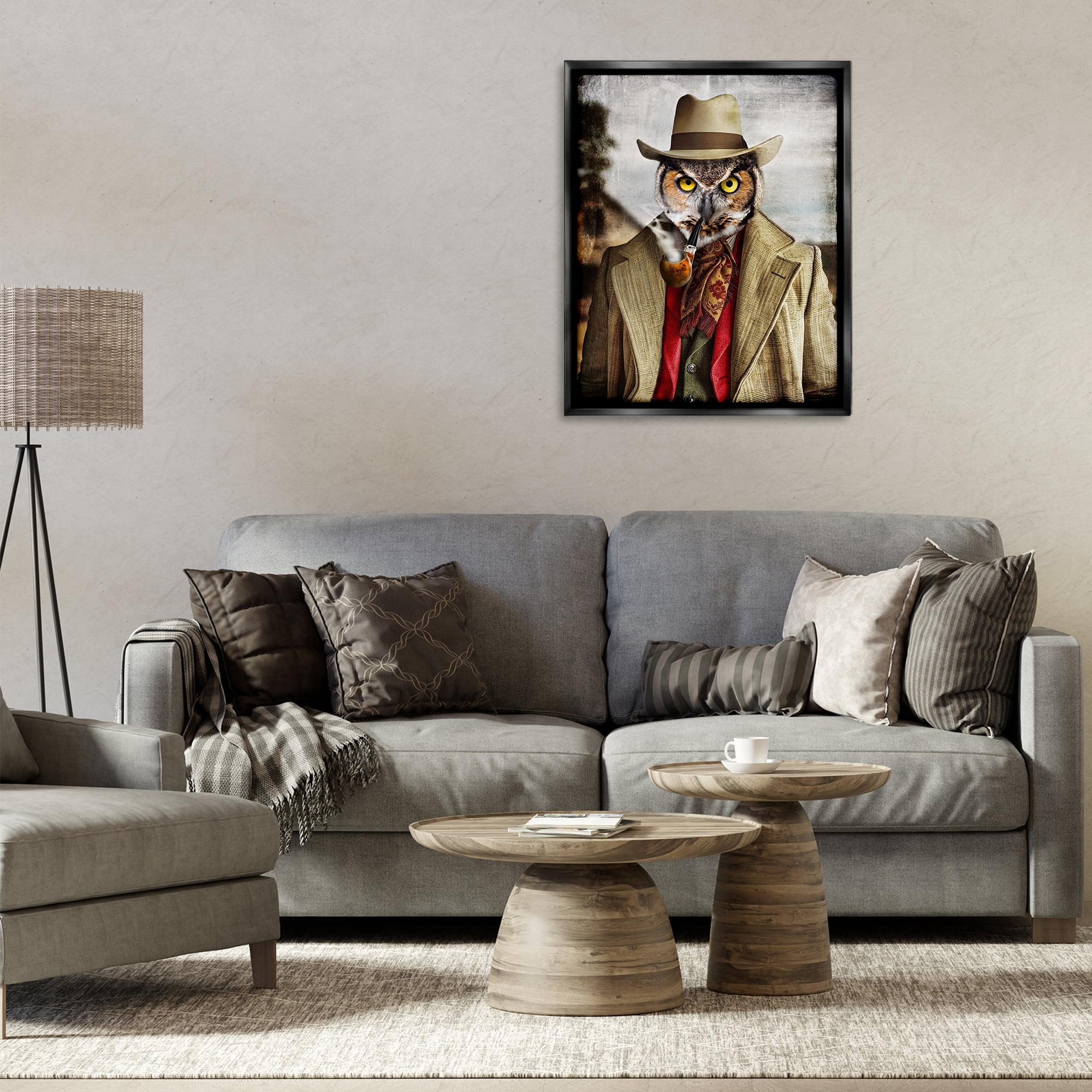 Stupell Industries Owl with Classic Pipe Animals & Insects Painting Black Floater Framed Canvas Art Print Wall Art, 25 x 31