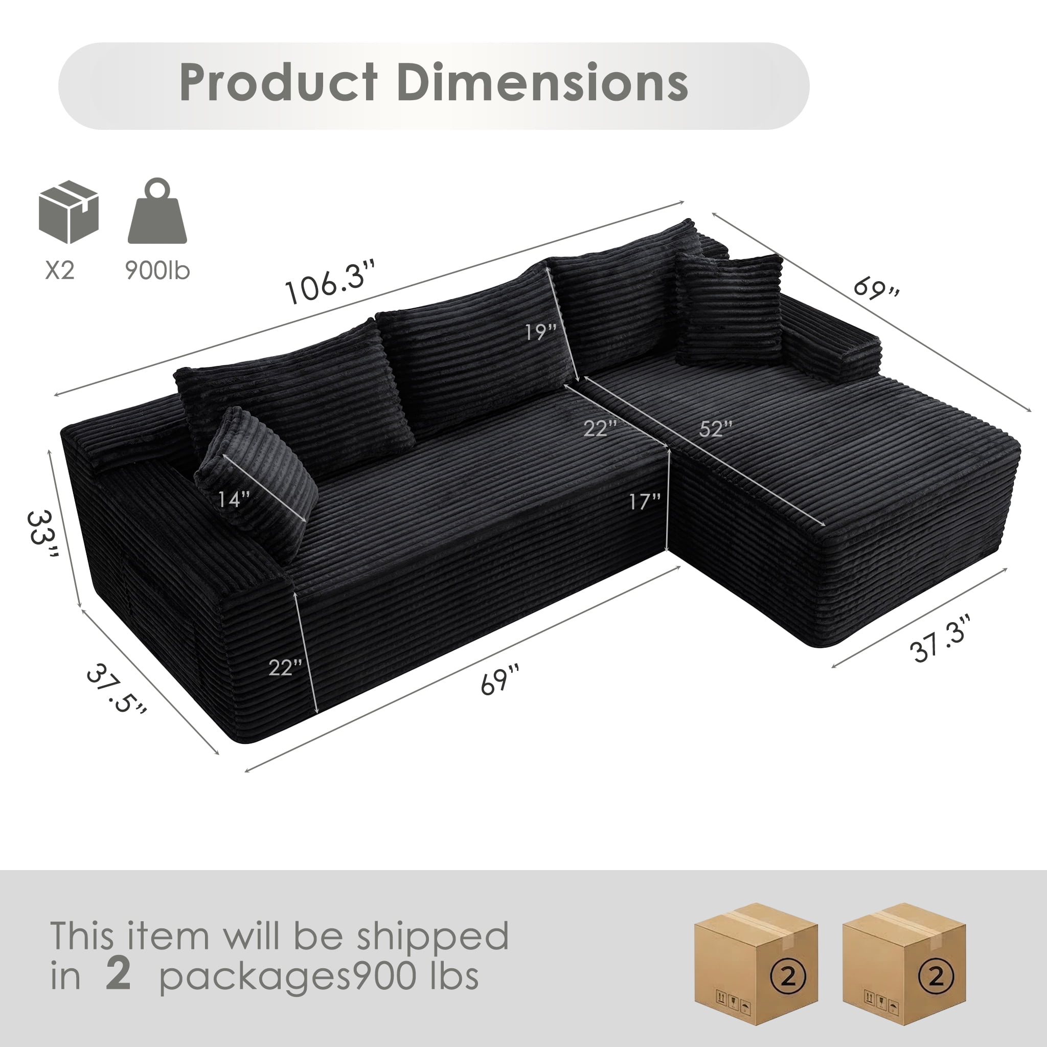 Xiweot 106" Cloud Sectional Sofa Deep Seat Boneless Couch L-Shaped Modular Couch, Modern Right Chaise Corduroy Upholstered Sofa with Side Pockets for Living Room, Gray