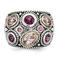 thumbnail image 4 of Two-Tone Sterling Silver Ring Band Gemstone Yellow Rounded Open Back Domed Textured Quartz Oval Purple Rhodolite Garnet Round Pink Tourmaline, 4 of 4