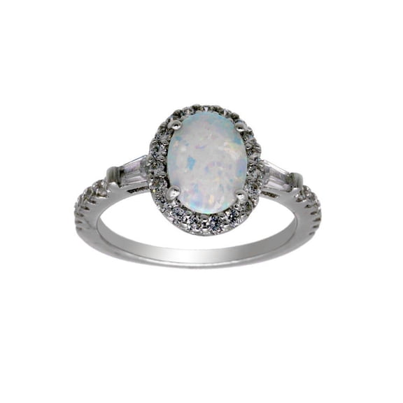 Rhodium Plated 925 Sterling Silver Oval Halo Simulated Opal Ring White CZ Jewelry Female Size 6