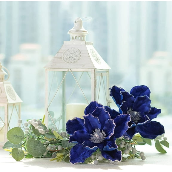 TG4THT-Blue Velvet Magnolia Flowers Pack of 6 Oversize Artificial Christmas Poinsettia Floral Picks Stems for Xmas Tree Wedding Centerpiece Decorations