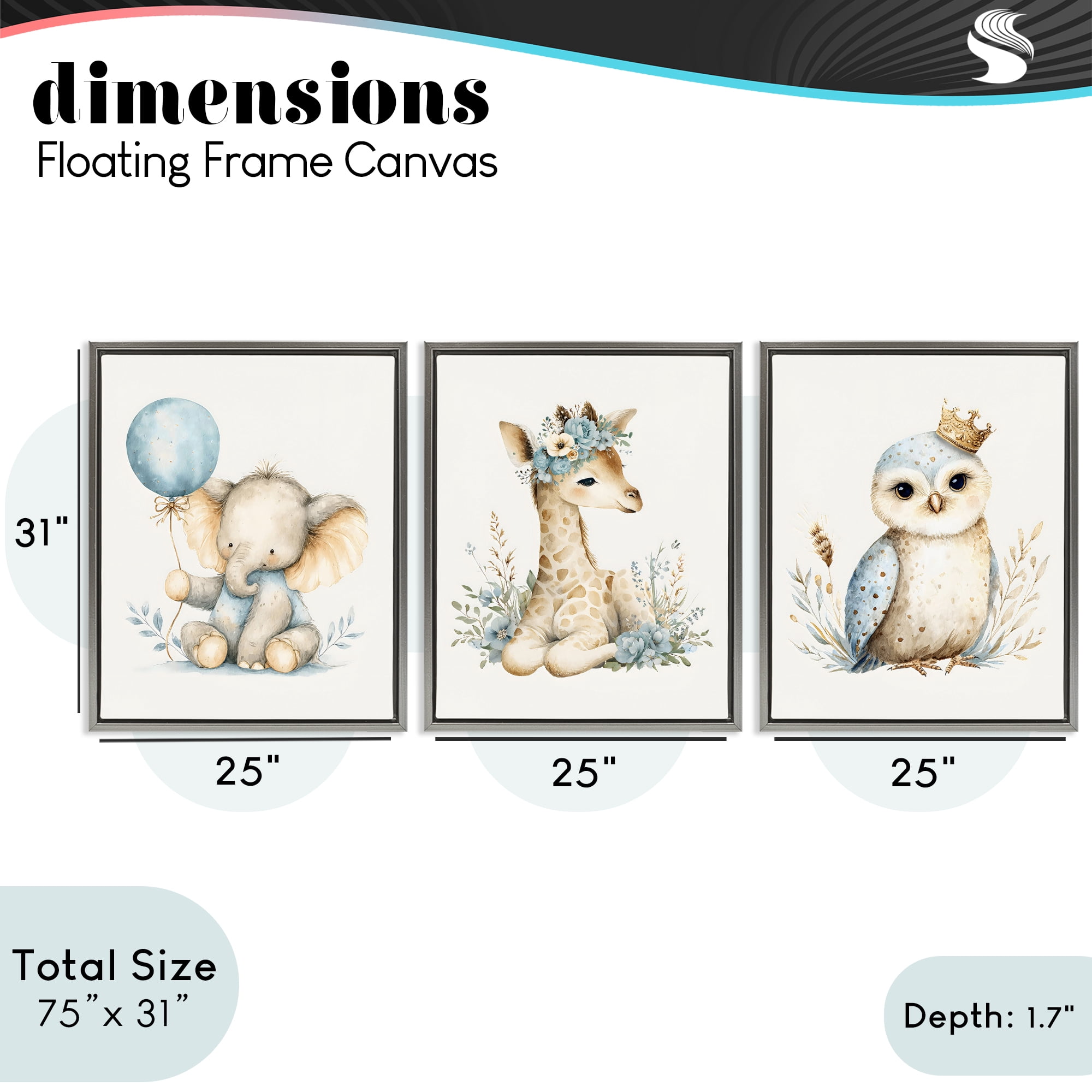 Stupell Industries Watercolor Nursery Animals 3 Piece Gray Framed Floater Canvas Set, design by LSR Design Studio