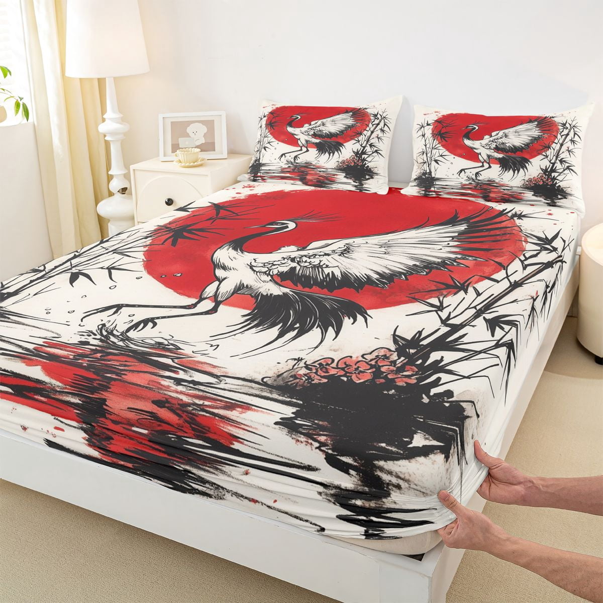 Manfei Ink Red Sun Crane Queen Sheet Sets for Girls, Bamboo Water Bed Set, Black Red White 4-Piece, 1 Flat Sheet, 1 Fitted Sheet and 2 Pillowcases