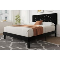 Senfot Queen Bed Frame, Upholstered Platform Bed with Button Tufted Headboard & Under-Bed Storage Space, Sturdy Wooden Slats Support, Noise Free & Easy Assembly,No Box Spring Needed,Black