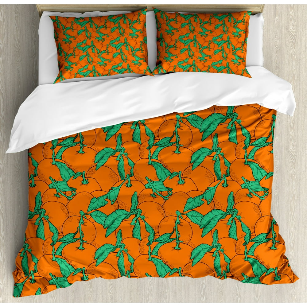 Tangerine Duvet Cover Set, Sweet Cartoonish Drawn Juicy Overlap Mandarins Repetition, Decorative