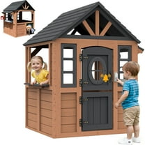 iYofe Outdoor Playhouse, Wooden Kids Playhouse with Play Kitchen, Working Doorbell, Bird Cage, Pet Door, Outdoor Kids Play Equipment Gift for Ages 2 , Brown